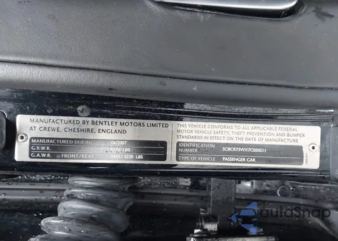 2007 Bentley Continental Gt z USA, uszkodzony, nr VIN SCBCR73WX7C050511